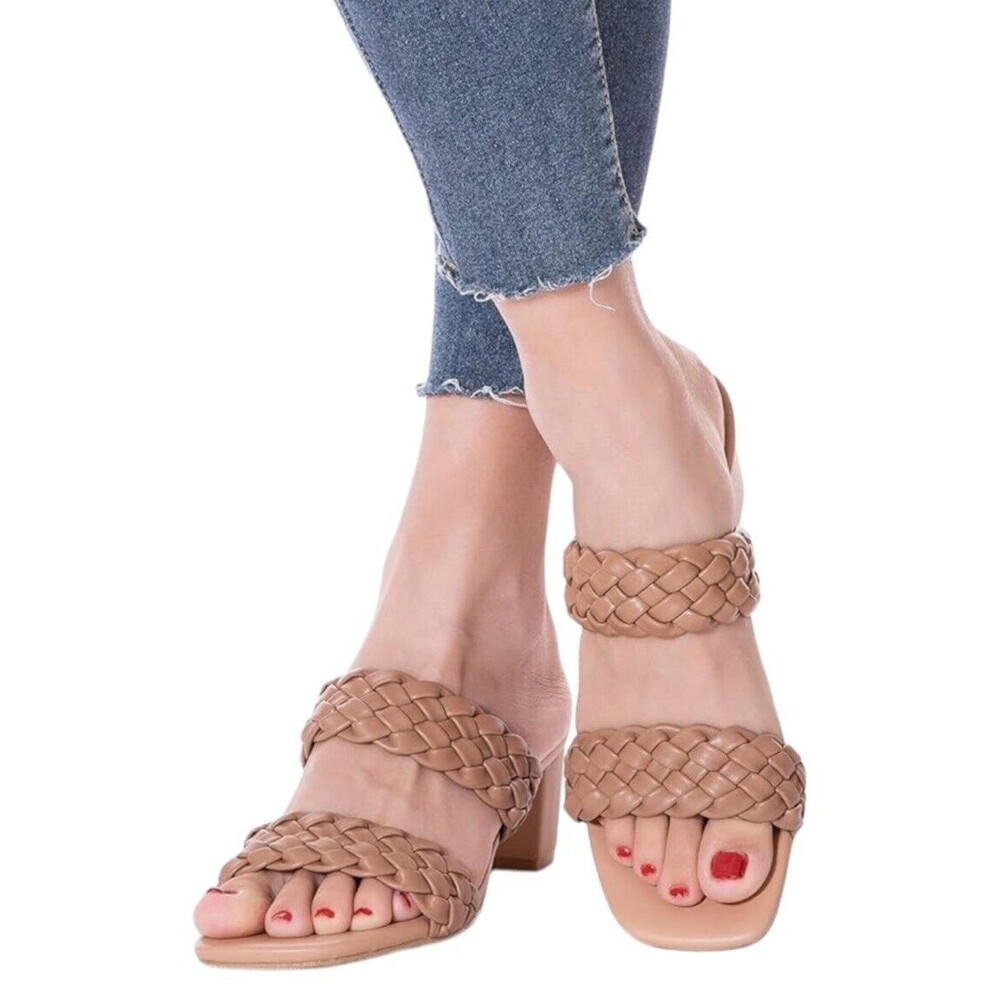 Women Heels Sandals Woven Size 6 Chunky Braided Nude Square Toes - Picture 4 of 8
